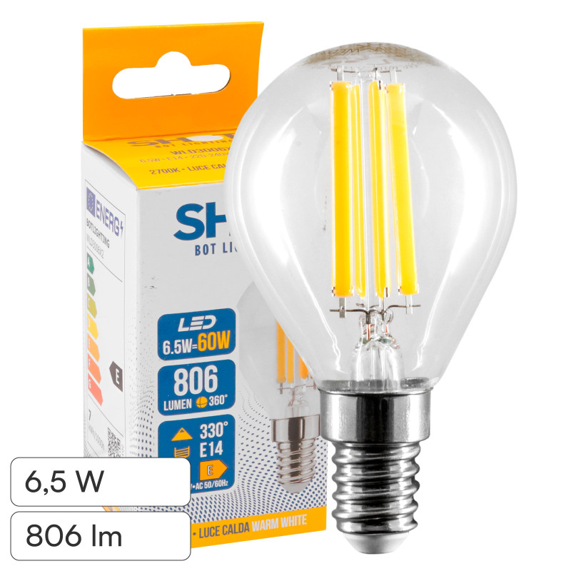 Bot Lighting Lampadina LED E14 6,5W P45 Filament in Vetro