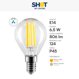 Bot Lighting Lampadina LED E14 6,5W P45 Filament in Vetro