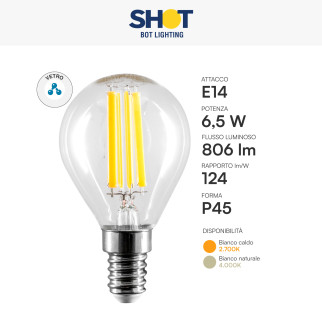 Bot Lighting Lampadina LED E14 6,5W P45 Filament in Vetro