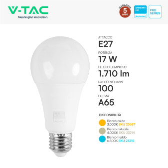 Lampadina LED E27 17W Goccia A65 SMD Chip Samsung V-Tac Pro