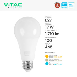 Lampadina LED E27 17W Goccia A65 SMD Chip Samsung V-Tac Pro