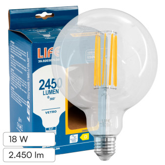 Life Lampadina LED E27 18W Globo G125 Filament Vetro