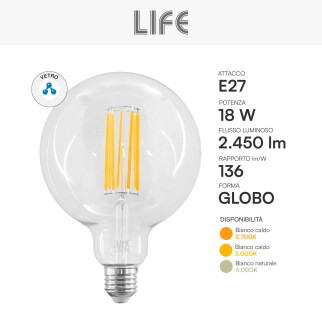 Life Lampadina LED E27 18W Globo G125 Filament Vetro