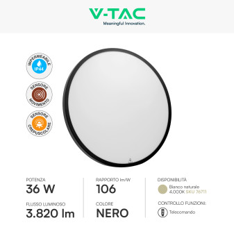 VT-8630 Plafoniera LED Rotonda 36W IP44 Colore Nero V-Tac
