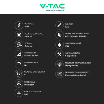 VT-8630 Plafoniera LED Rotonda 36W IP44 Colore Nero V-Tac