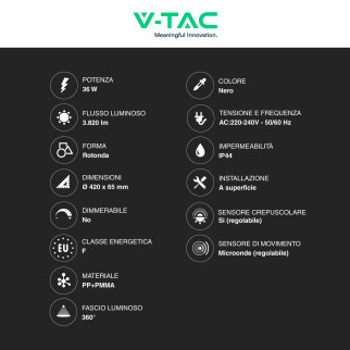 VT-8630 Plafoniera LED Rotonda 36W IP44 Colore Nero V-Tac