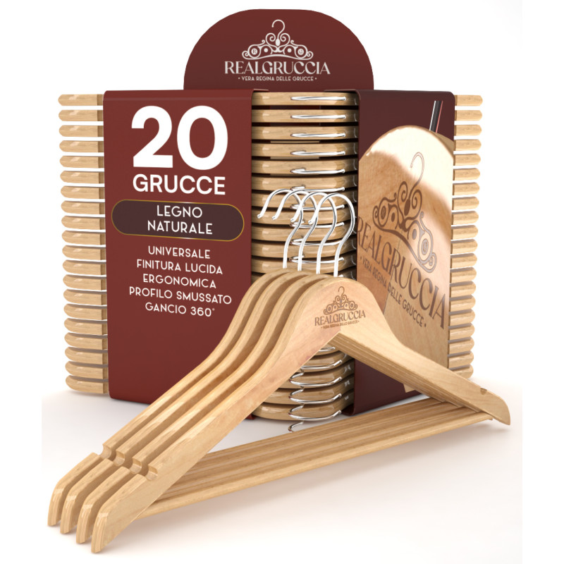 20 Grucce Legno Naturale con Barra Portapantaloni Tacche Antiscivolo