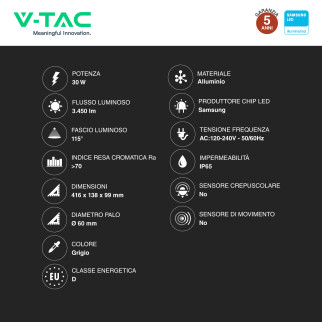 V-Tac VT-39ST Lampada Stradale LED Samsung SMD IP65 Grigio