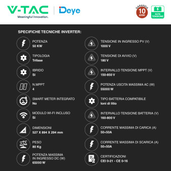 V-Tac Kit 10 Batterie BMS Stack LiFePO4 105kWh + Inverter Deye 50kW SKU 12298