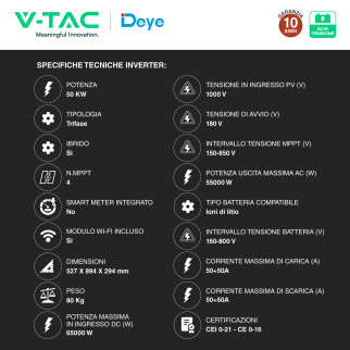 V-Tac Kit 10 Batterie BMS Stack LiFePO4 105kWh + Inverter Deye 50kW SKU 12298
