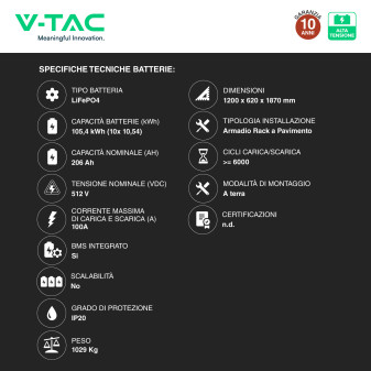 V-Tac Kit 10 Batterie BMS Stack LiFePO4 105kWh + Inverter Deye 50kW SKU 12298