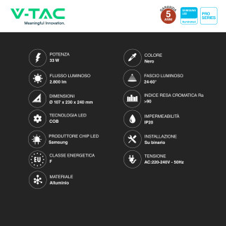 VT-433 Faretto LED da Binario 33W Track Light COB Chip Samsung V-Tac