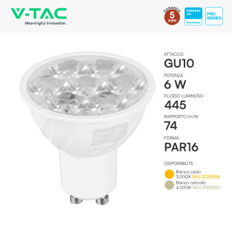 VT-249 Faretto PAR16 LED GU10 6W SMD Samsung V-Tac Pro
