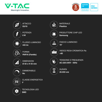 VT-249 Faretto PAR16 LED GU10 6W SMD Samsung V-Tac Pro