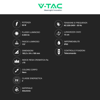 V-Tac Faro LED 50W RGB+W IP65 con Telecomando V-Tac
