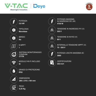 V-Tac Inverter Monofase On-Grid 3,6kW IP65 CEI 0-21