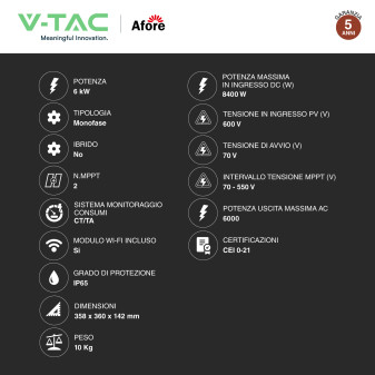 V-Tac Inverter Monofase On-Grid 6kW IP65 CEI 0-21