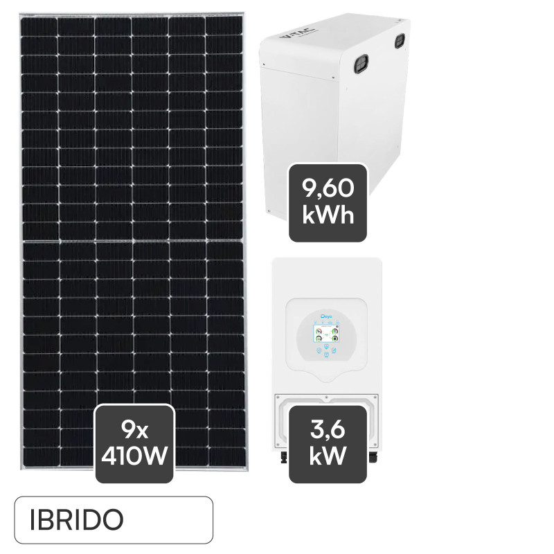 Set 9 Pannelli Fotovoltaici + Inverter 3,6kW + Batteria 9,60kWh V-Tac