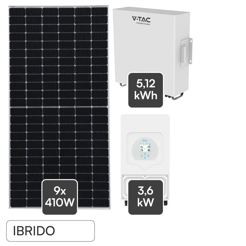 Set 9 Pannelli Fotovoltaici + Inverter 3,6kW + Batteria 5,12kWh V-Tac
