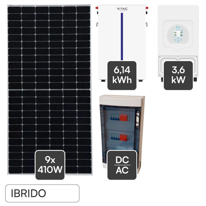 Kit 9 Pannelli Solari 410W + Inverter 3,6kW + Batteria + Quadro DC/AC