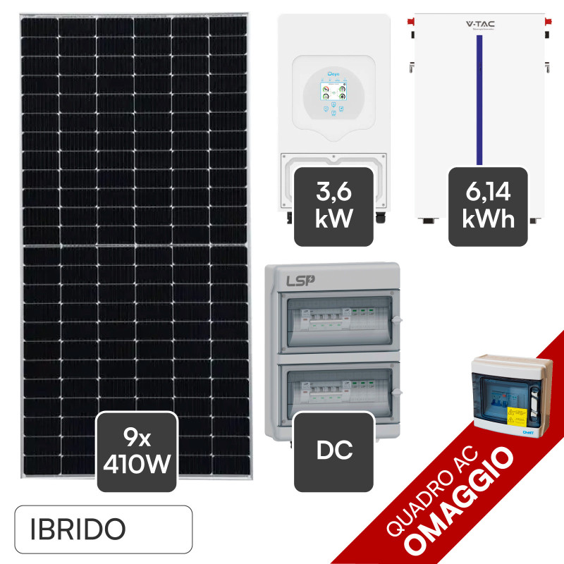 Kit 9 Pannelli Solari 410W + Inverter 3,6kW + Batteria + Quadri DC/AC
