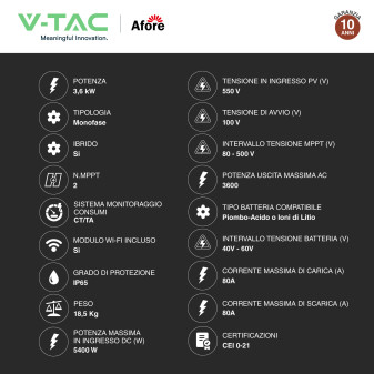 V-Tac Inverter Monofase Ibrido On-Grid / Off-Grid 3,6kW IP65 CEI 0-21