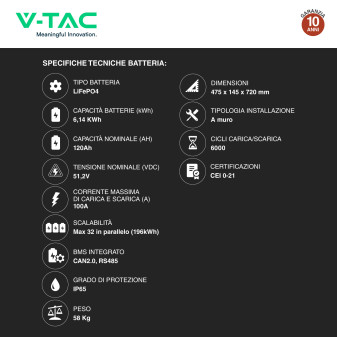 Set Inverter 5kW Monofase LCD + Batteria LiFePO4 IP65 V-Tac