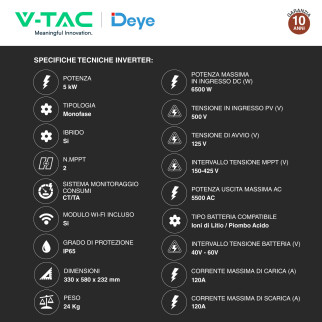 Set 12 Pannelli Solari 485W + Inverter 5kW + Accessori V-Tac