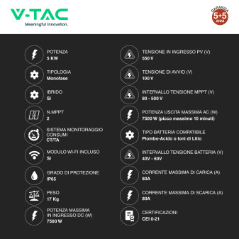 VT-6607105 Inverter Ibrido 5kW Monofase CEI 0-21 Pannelli Fotovoltaici V-Tac