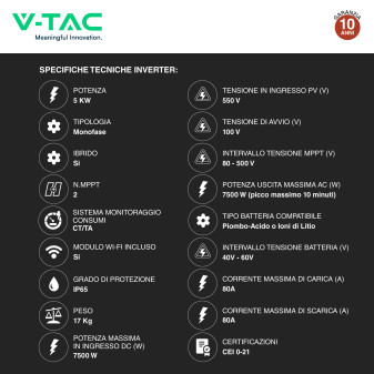 Set Inverter Monofase Ibrido 5kW + Batteria LiFePo4 5,12kWh V-Tac