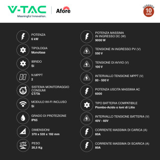 V-Tac Inverter Monofase Ibrido On-Grid / Off-Grid 6kW IP65 CEI 0-21