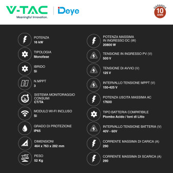 V-Tac Inverter Monofase Ibrido On-Grid / Off-Grid 16kW IP65