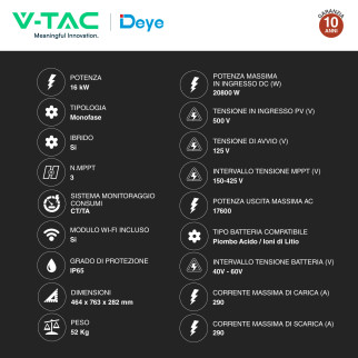 V-Tac Inverter Monofase Ibrido On-Grid / Off-Grid 16kW IP65