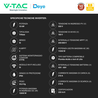 Inverter 10kW Trifase LCD IP65 Pannelli Fotovoltaici V-Tac