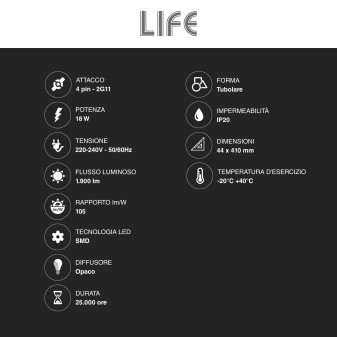 Lampada LED Tubolare SMD da 18W attacco 2G11 a 4 Pin Life