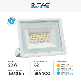 VT-4924 Faro LED Floodlight 20W SMD IP65 Colore Bianco V-Tac