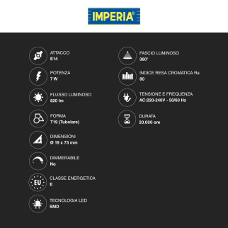 Imperia Lampadina LED E14 7W Tubolare SMD Trasparente