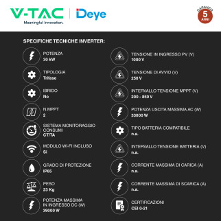 V-Tac Inverter On Grid 30kW Trifase Impianto Fotovoltaico CEI 0-21