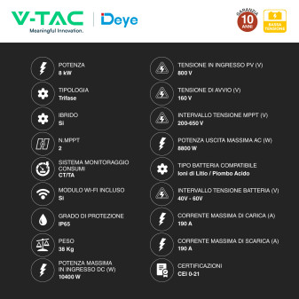 Inverter Ibrido 8kW Trifase CEI 0-21 Pannelli Fotovoltaici V-Tac