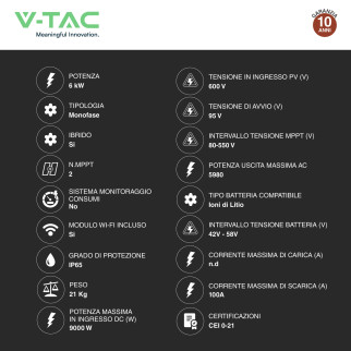 V-Tac Inverter Monofase Ibrido On-Grid / Off-Grid 6kW IP65