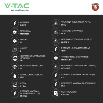 V-Tac Inverter Monofase Ibrido On-Grid / Off-Grid 3,6kW IP65