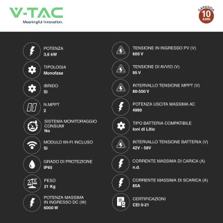 V-Tac Inverter Monofase Ibrido On-Grid / Off-Grid 3,6kW IP65