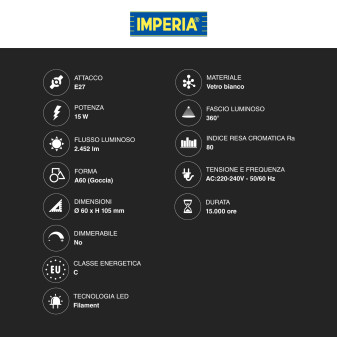 Imperia Lampadina Goccia A60 Filament Vetro Bianca 15W