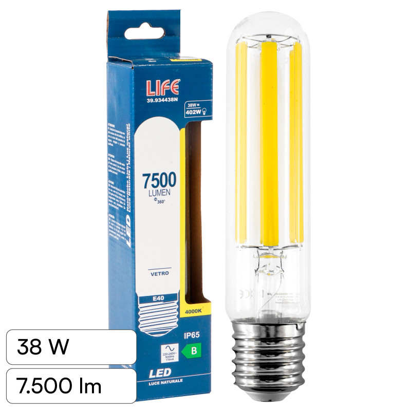 Lampadina LED E40 38W Tubolare T46 Filament IP65 in Vetro Life