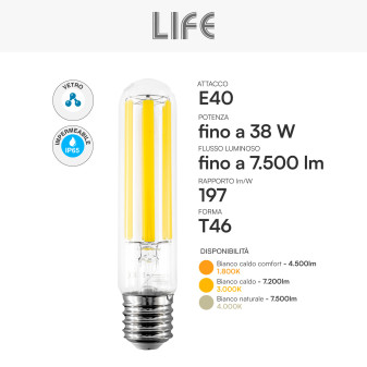 Lampadina LED E40 38W Tubolare T46 Filament IP65 in Vetro Life