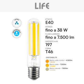 Lampadina LED E40 38W Tubolare T46 Filament IP65 in Vetro Life