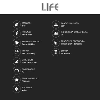 Lampadina LED E40 38W Tubolare T46 Filament IP65 in Vetro Life