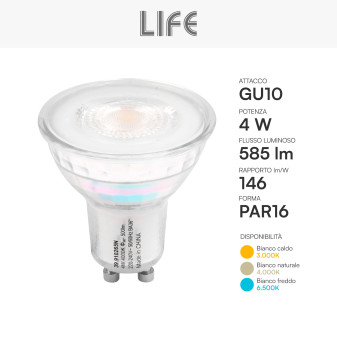 Life Faretto LED PAR16 GU10 4W SMD in Vetro per Alte Temperature