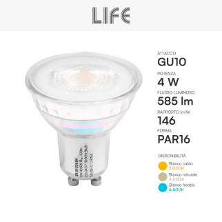 Life Faretto LED PAR16 GU10 4W SMD in Vetro per Alte Temperature