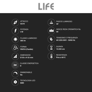 Life Faretto LED PAR16 GU10 4W SMD in Vetro per Alte Temperature